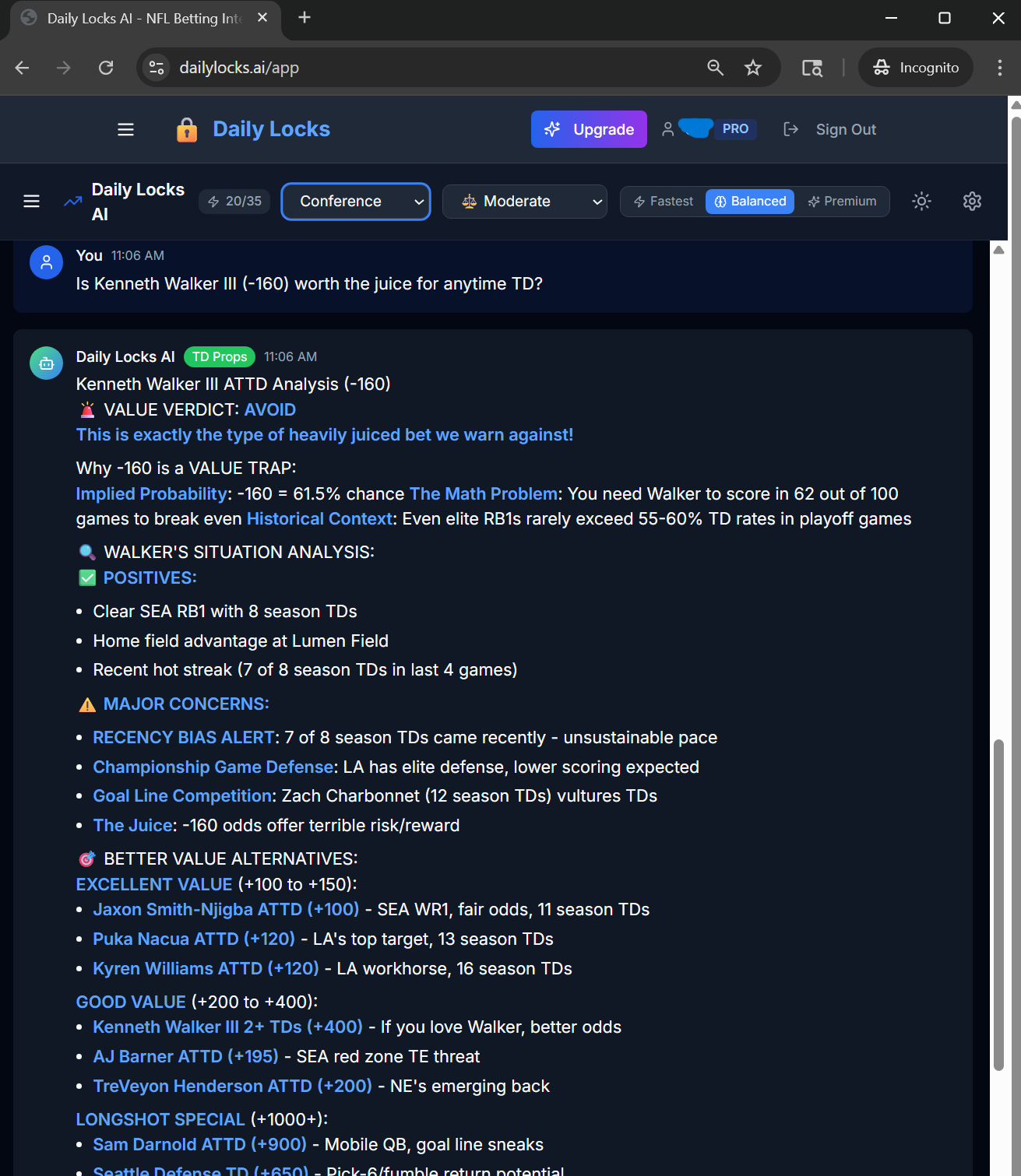 Daily Locks AI showing recency bias detection - Kenneth Walker with 7 of 8 TDs in last 4 games